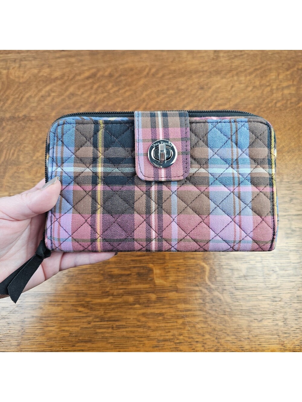 Vera Bradley Plaid Turnlock Wallet Pink Blue Brown Pink Quilted Cotton
